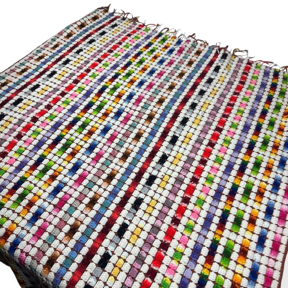 VTG Boho Stripe Rainbow Hand Knit Crochet Blanket Throw Afghan 5'x4' Cottagecore